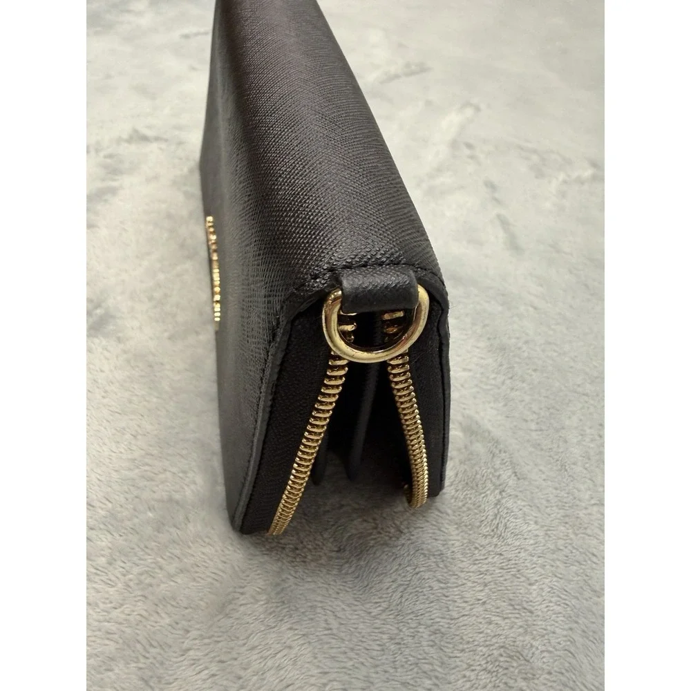 Michael Kors Black Saffiano Leather Zip Around Wallet Gold Hardware